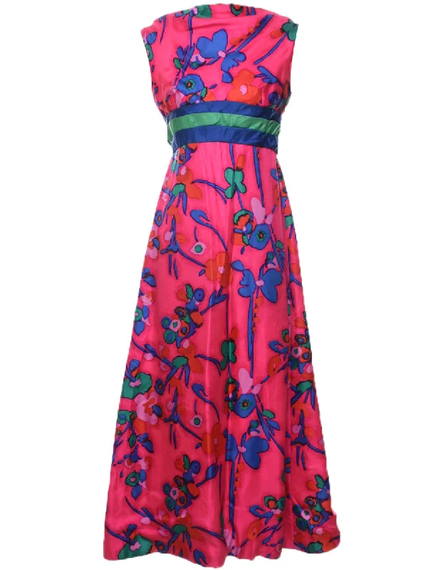 Floral Print Hot Pink 1970s Maxi Dress - S Fashionable High-Low Maxi Dress