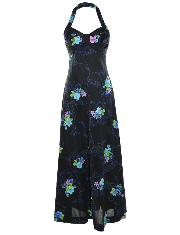 Floral Print Navy Halterneck 1970s Maxi Dress - S Trendy Floral Print Maxi Dress