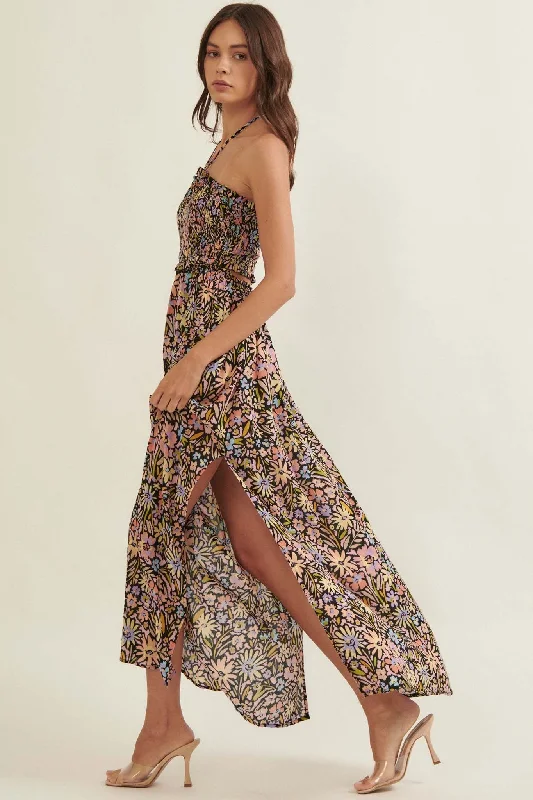 Flower Bomb Floral-Print Smocked Halter Maxi Dress Comfortable Maxi Dress with Belt