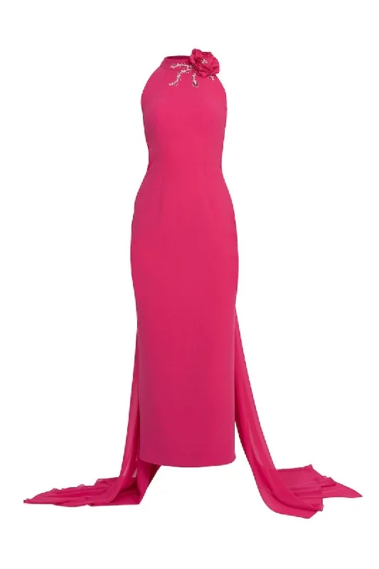 FUCHSIA HALTERNECK WITH LONG CAPE MAXI DRESS Comfortable Ruffle Maxi Dress