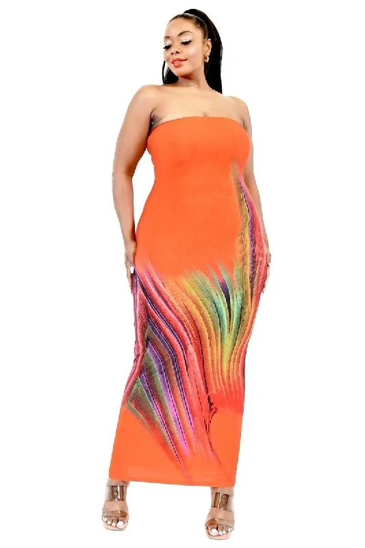 Plus Sleeveless Color Gradient Tube Top Maxi Dress Cozy Ruffle Sleeve Maxi Dress