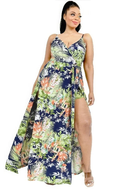 Plus Tropical Leaf Print Surplice Maxi Dress Chic Off-Shoulder Maxi Dress