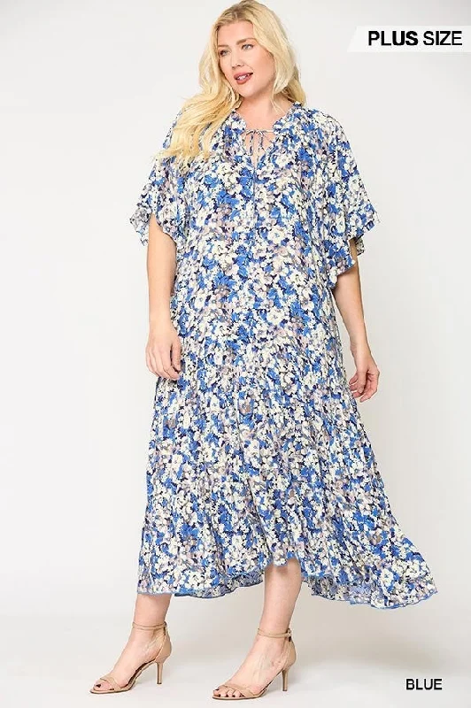 Floral Frill Detail Flowy Maxi Dress With Neck Tie Comfortable T-Shirt Maxi Dress