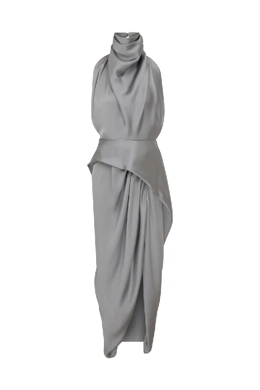 GRAY HALTERNECK SATIN CREPE MAXI DRESS Comfortable Casual Maxi Dress