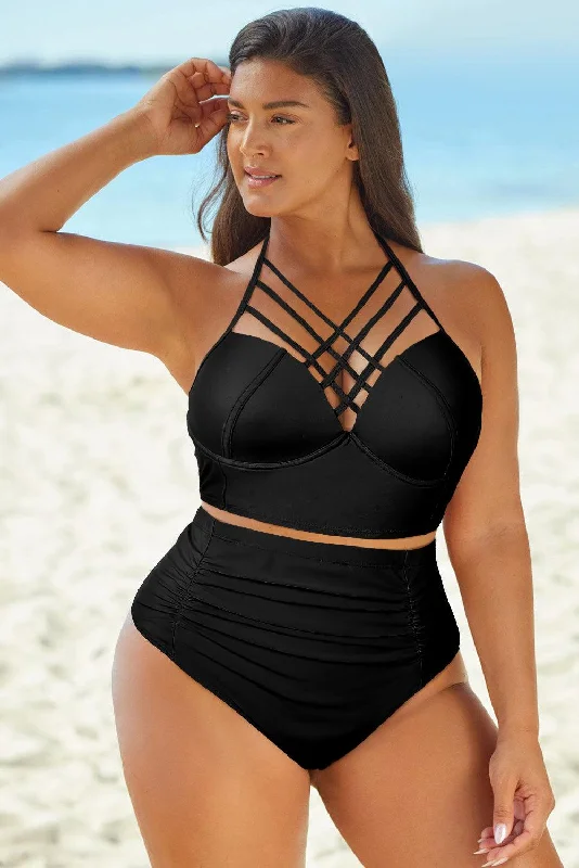 Full Size Halter Crisscross Ruched Two-Piece Swimsuit Plunge Neckline Swimsuit