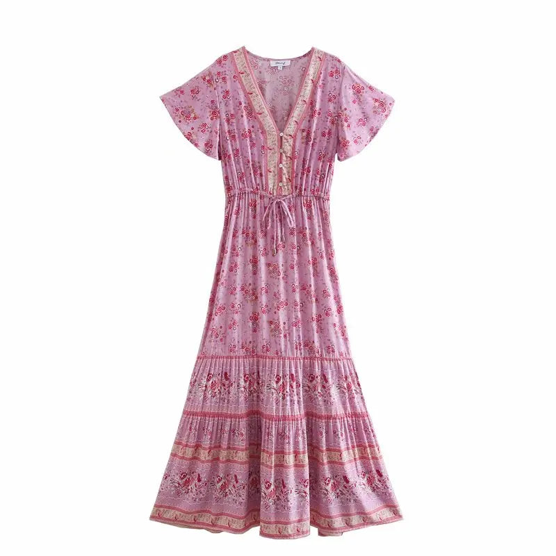 Pink Rosebud Boho Floral Print Maxi Dress Casual Maxi Dress with Pockets