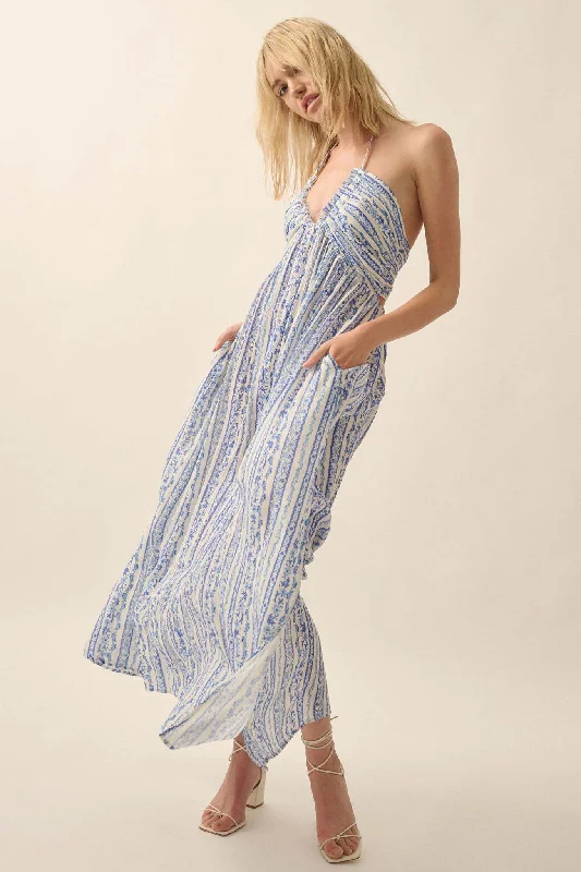 Heavenly Fields Floral-Stripe Halter Maxi Dress Trendy Maxi Dress with Belt