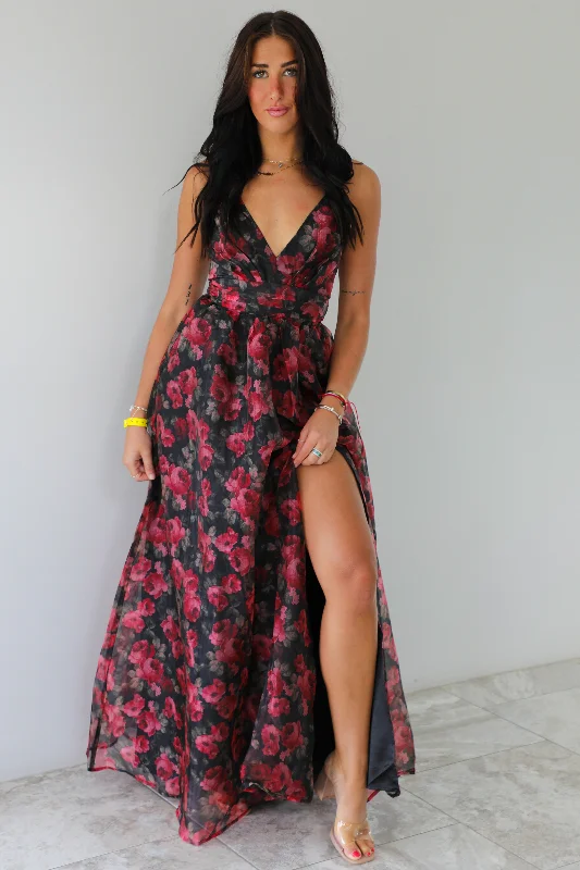 I'm Just Me Maxi Dress: Black/Floral Stylish A-Line Maxi Dress