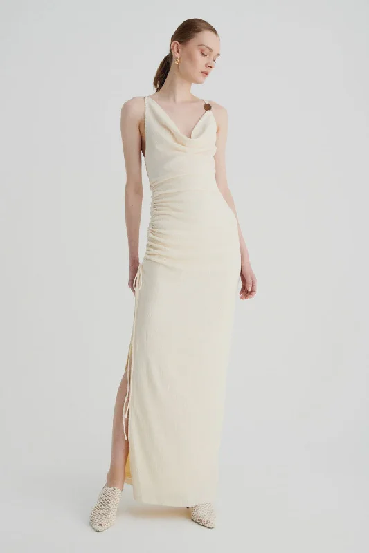 Jacqui Cowl Maxi Dress - Cream Cozy Maxi Dress with Slit