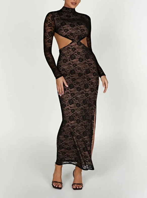 Juliet Lace Maxi Dress in Black Fashionable High-Waist Maxi Dress