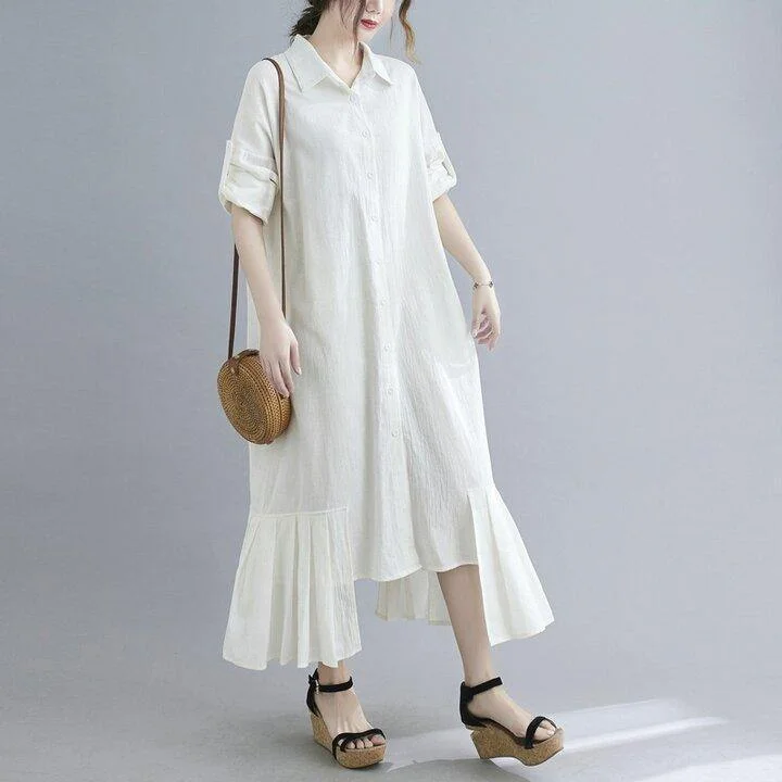 Lapel Cotton And Linen Long Maxi Dress Chic Button-Up Maxi Dress