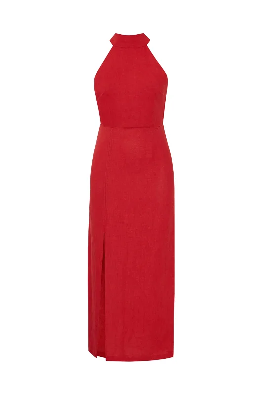 LAURA GOJI RED LINEN HALTER NECK MAXI DRESS Comfortable Pleated Maxi Dress