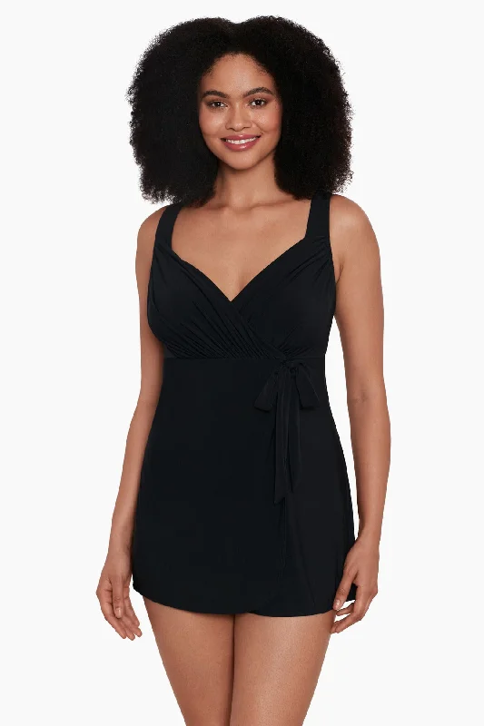 Draped Crossover Flyaway Long Torso Swim Dress Night Gala High-Waisted Swimwear