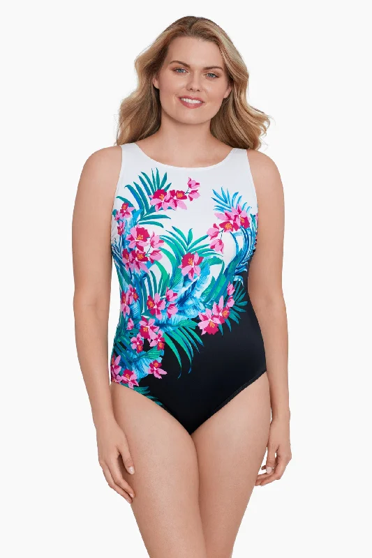 Panel Scoopback Long Torso Highneck Swimsuit Fiji Isle Plus-Size Bikini Set