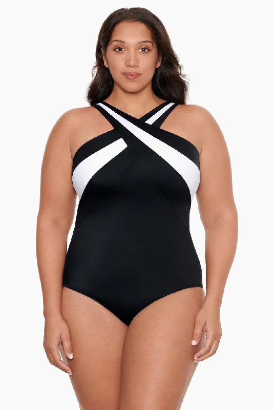 Plus Size Crossover Inset Tank Long Torso One Piece Swimsuit Private Party Strap Bikini Set