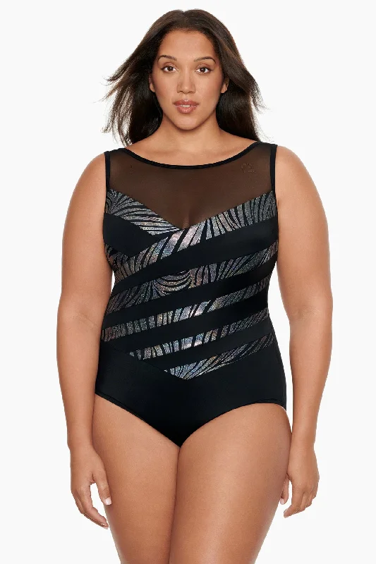 Plus Size Mesh Highneck Long Torso One Piece Swimsuit Party Animal Sporty Racerback Swimsuit