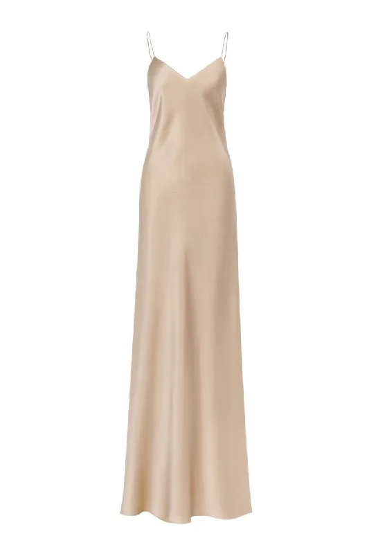 LYNA PEARL-BEIGE V-NECK SILK SATIN MAXI DRESS Comfortable Ruffle Hem Maxi Dress