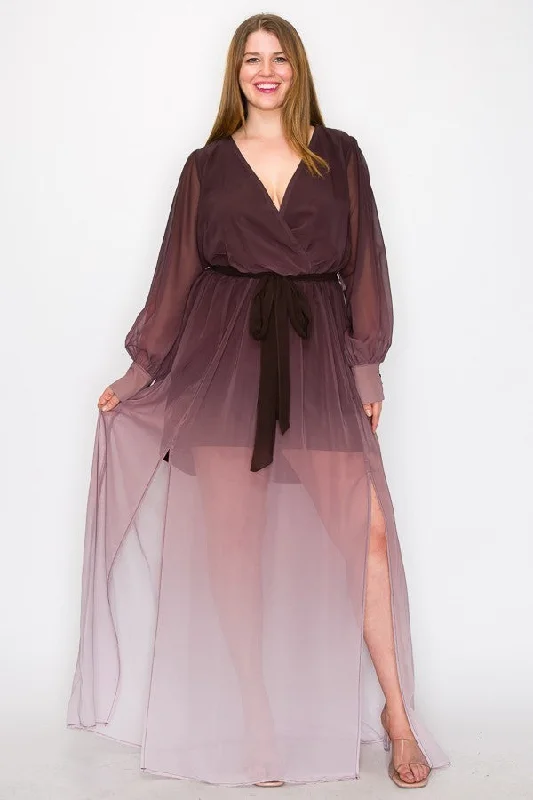 Ombre Chiffon Wrap Front Long Sleeve Tie Waist Slit Front Maxi Dress Chic Sleeveless Maxi Dress