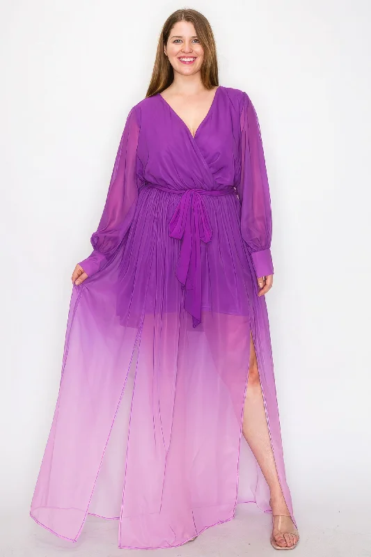 Ombre Chiffon Wrap Front Long Sleeve Tie Waist Slit Front Maxi Dress Stylish Pleated A-Line Maxi Dress