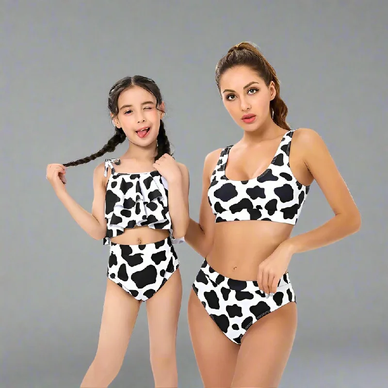 Modern Cow Print Tankini Swimsuit Set for Mother and Daughter  Stylish High-Waisted Swimwear with Ruffle Detail Beachy Ruffle Bikini