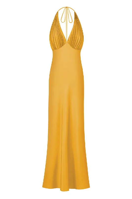 MS. PLEAT MAXI DRESS IN YELLOW MUSTARD Chic Summer Maxi Dress