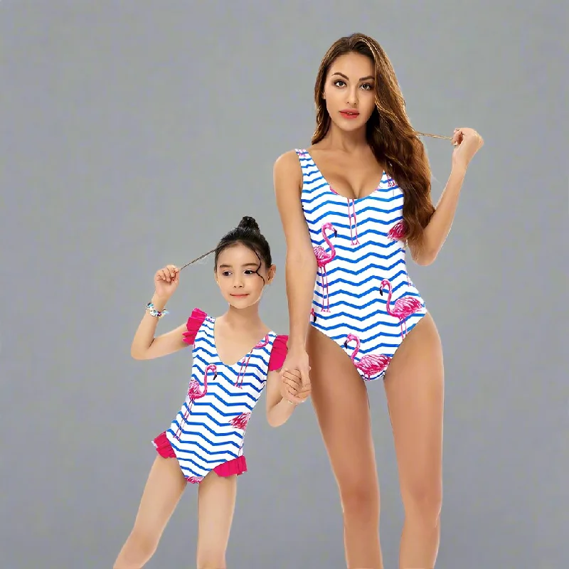 Nautical Charm Flamingo Print One-Piece Swimsuits for Mother & Daughter Quick-Dry Tankini