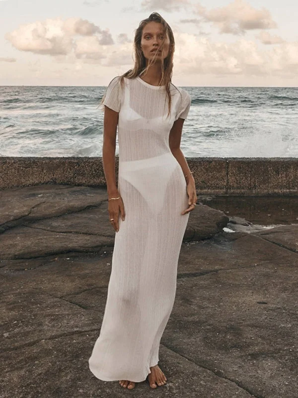Blue Zone Planet |  See-through casual waist-cinching round neck knitted maxi dress Comfortable Ruffle Hem Maxi Dress