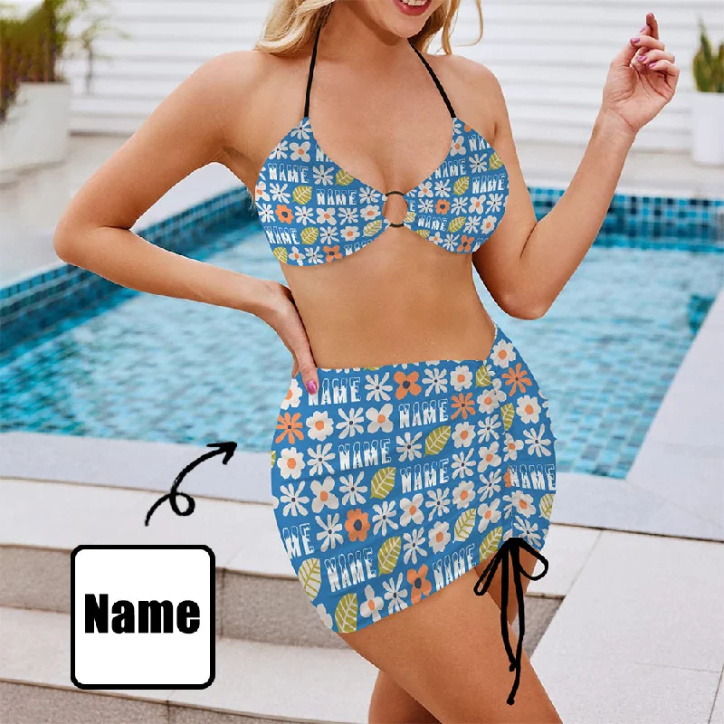 Personalized Name Women Swimsuit Custom Women's Drawstring Halterneck Three-PieceSwimsuit Skirt With Text Color-Block Bikini