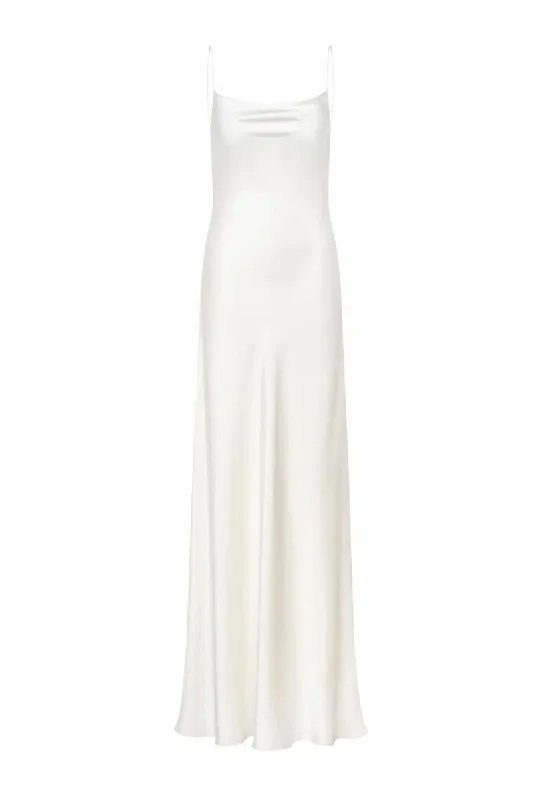 PETRA IVORY COWL-NECK SILK SATIN MAXI DRESS FULLY LINED Comfortable Maxi Dress with Belt