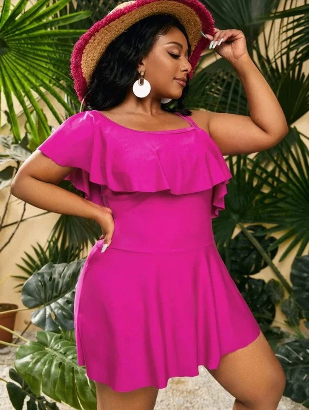 Pink Plus Ruffle Trim Asymmetrical Swim Dress With Bikini Bottom Flirty Ruffle Swimsuit