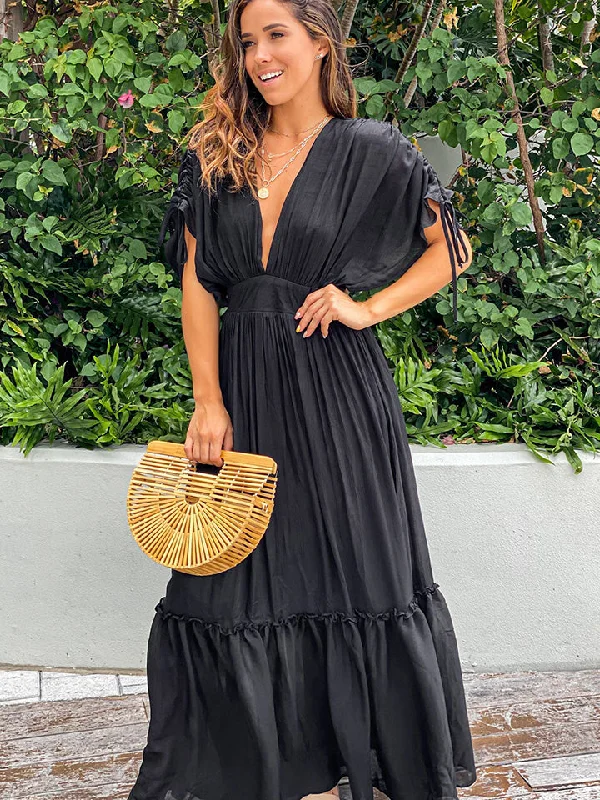 Plunge Neck Tie Sleeve Maxi Dress Trendy Short Sleeve Maxi Dress