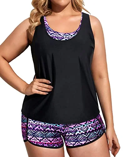 Plus Size 3 Piece Tankini Swimming Set With Sports Bra And Boardshorts-Black And Tribal Purple Modern High-Waisted Swimsuit