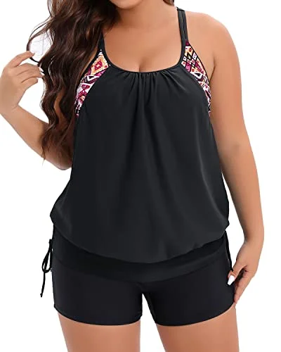 Plus Size Bathing Suit Blouson Tankini Top With Boy Shorts-Black Chic Swimsuit Cover-Up