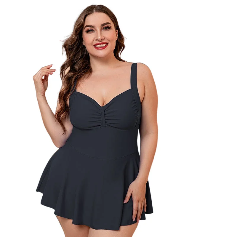 Plus Size Black Gathered Detail Swim Dress Sexy Monokini Swimsuit