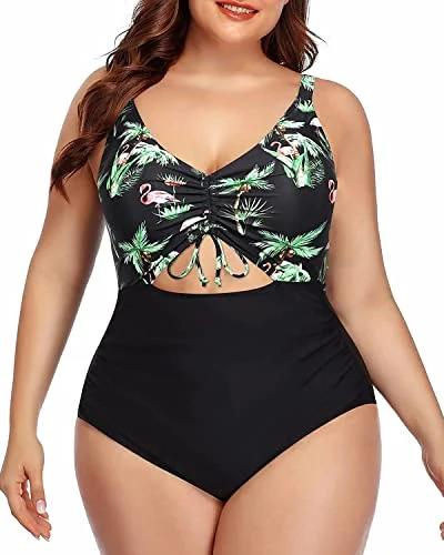 Ruched Tummy Control Large Size Swimwear-Black Palm Tree Elegant Swim Dress