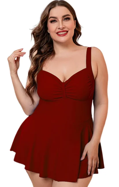 Plus Size Maroon Gathered Detail Swim Dress Push-Up Swimsuit Top