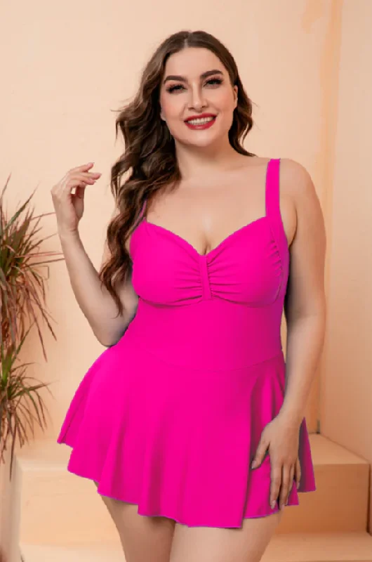 Plus Size Pink Gathered Detail Swim Dress High-Waisted Swim Bottoms