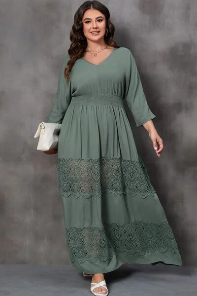 Blue Zone Planet |  Plus Size Tied V-Neck Smocked Crochet Maxi Dress Stylish Maxi Dress with Frills