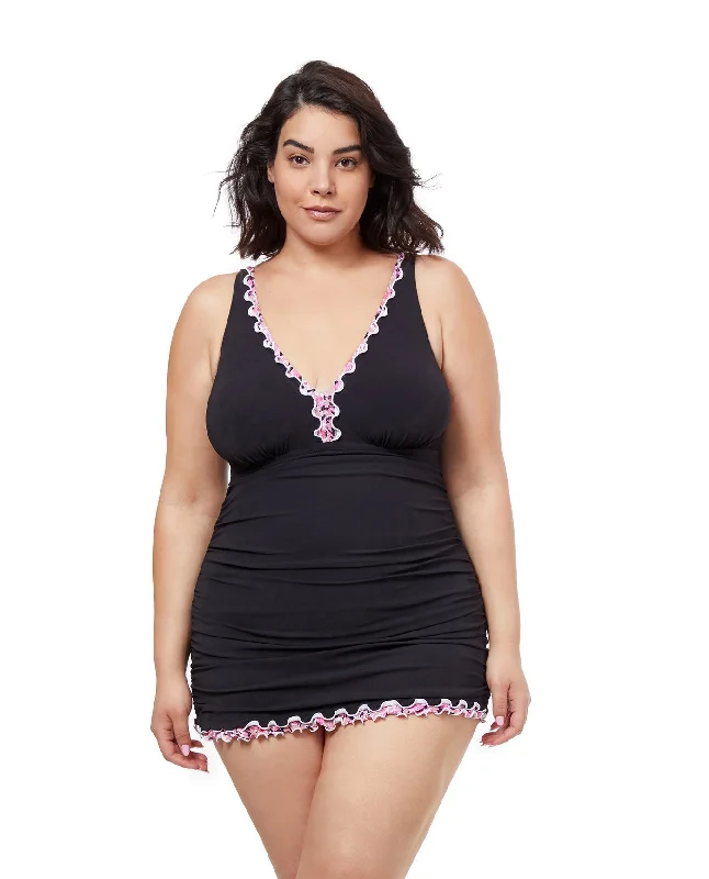 Profile By Gottex Pretty Wild Plus Size V-Neck Swimdress Plunge Neckline Swimsuit