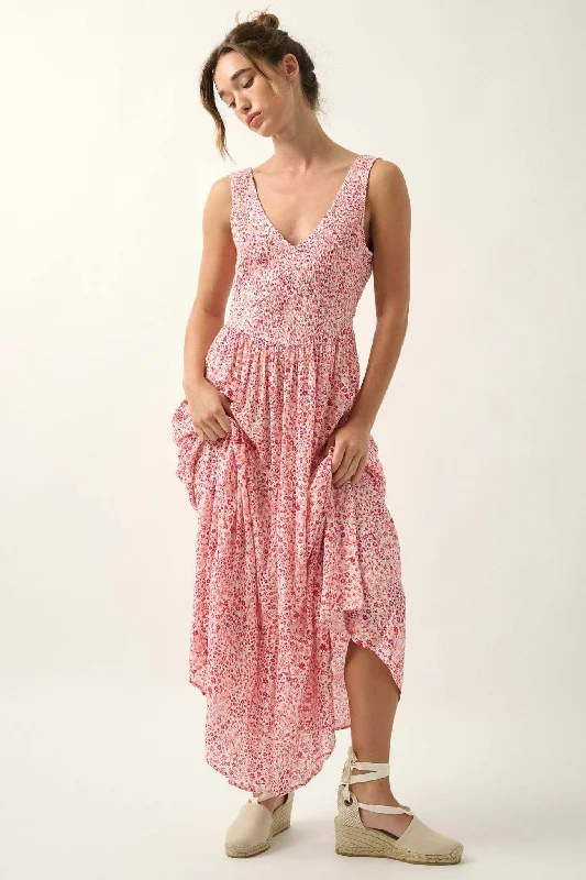 Pure Bliss Smocked Floral Open-Back Maxi Dress Stylish V-Neck Maxi Dress