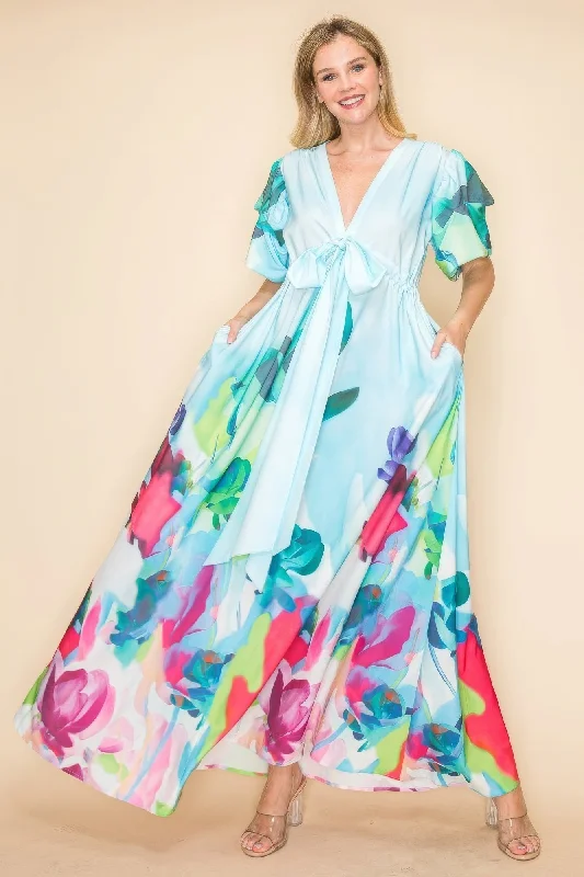 Printed V Neck Maxi Dress Fashionable Faux Wrap Maxi Dress