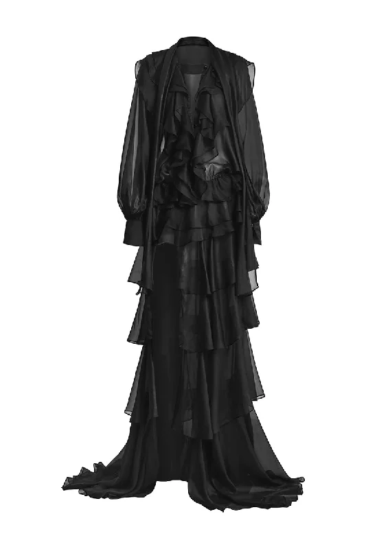 RAVEN LUXE RUFFLES MAXI DRESS IN BLACK Chic Boho Print Maxi Dress