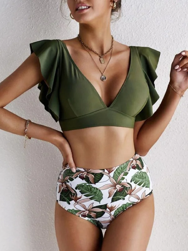 Ruffled Printed V-Neck Two-Piece Swim Set Elegant Swimsuit Bottoms