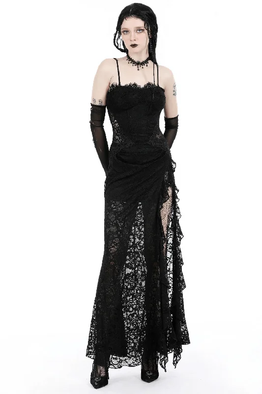 Sexy Sheer Black Lace Maxi Dress with Side Slit Comfortable Bohemian Maxi Dress