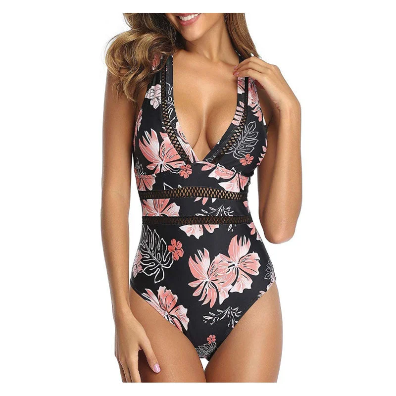 Sexy V Neck Lace One Piece Women Swimsuits Halter Top Bikini