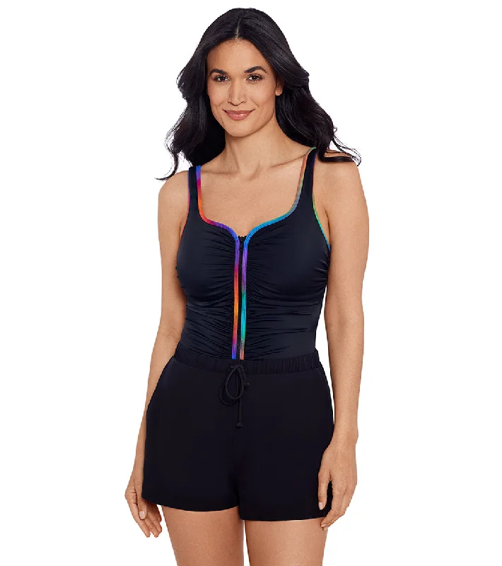 Shape Solver SPORT Women's Colorful Behavior Shirred Zipper Swim Romper Multi Bold Color Swimsuit Shape Solver SPORT Women's Colorful Behavior Shirred Zipper Swim Romper Multi Bold Color Swimsuit