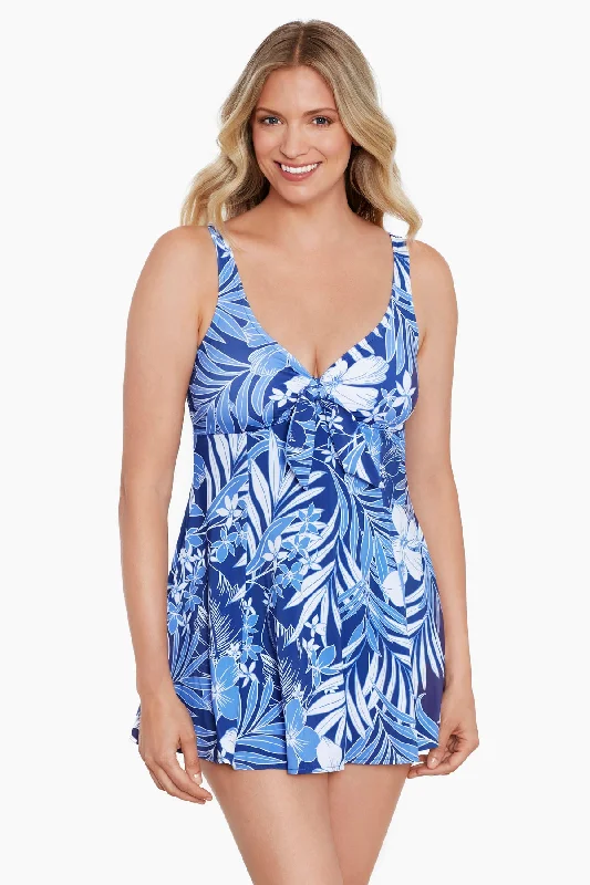 Bow Front Swim Dress In My Blues Mesh Panel Swimwear