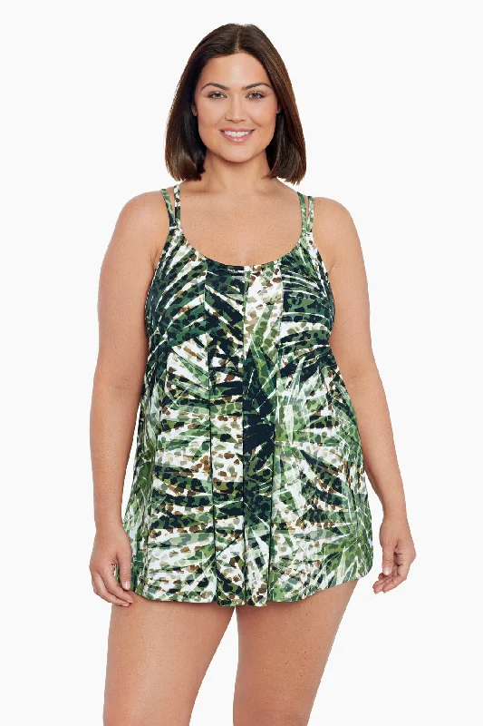 Plus Size Pleated Front One Piece Swim Dress Wild Leaf Soft Beachwear Set