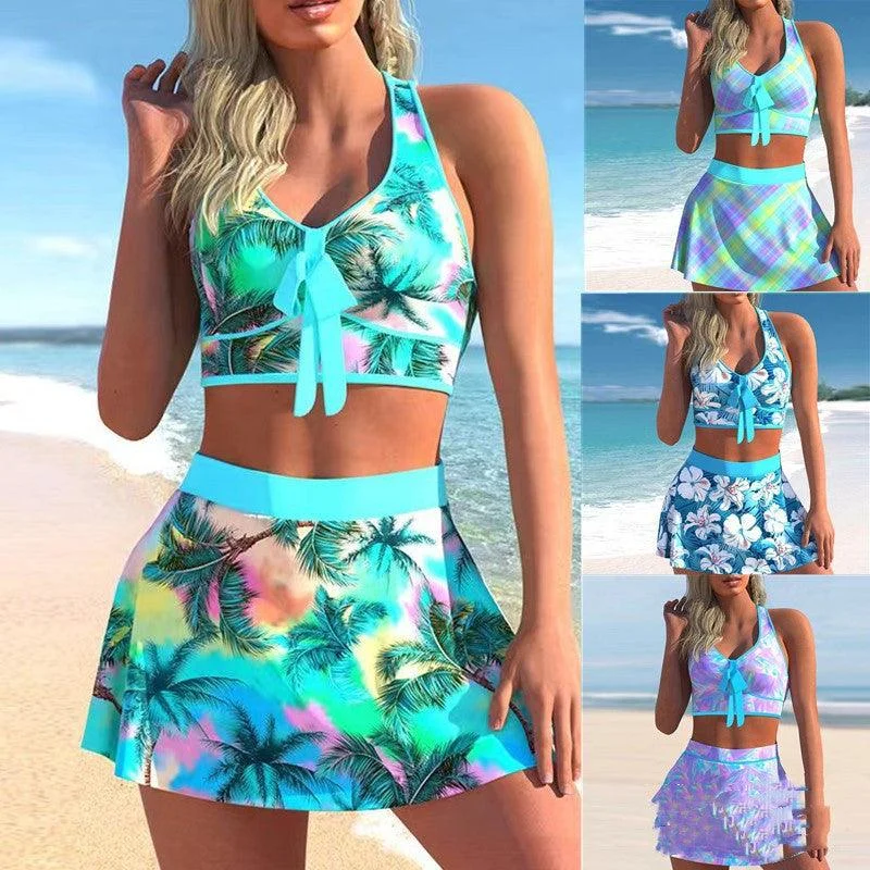 Split Swimwear Skirt Conservative Large Print Mesh Swimsuit Top