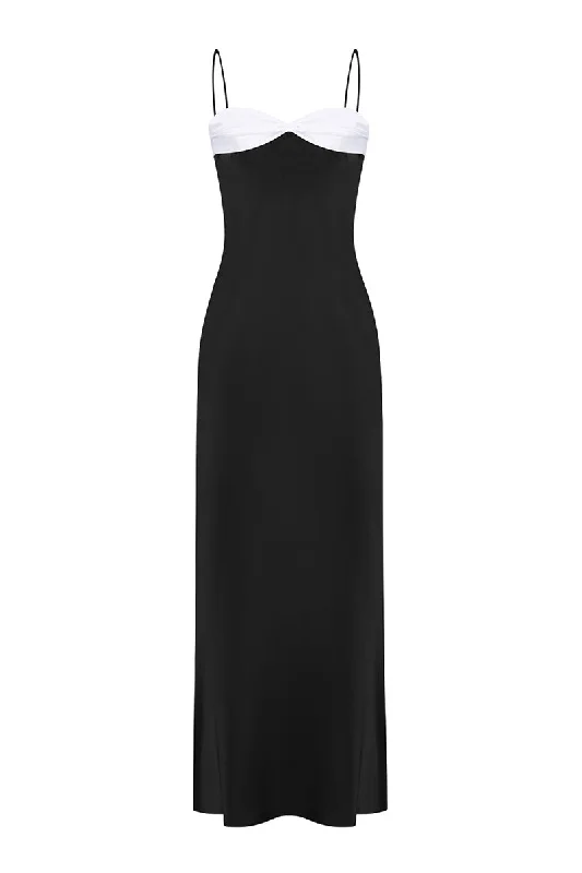 SWAN SLIP MAXI DRESS IN BLACK AND WHITE Elegant Tiered Maxi Dress